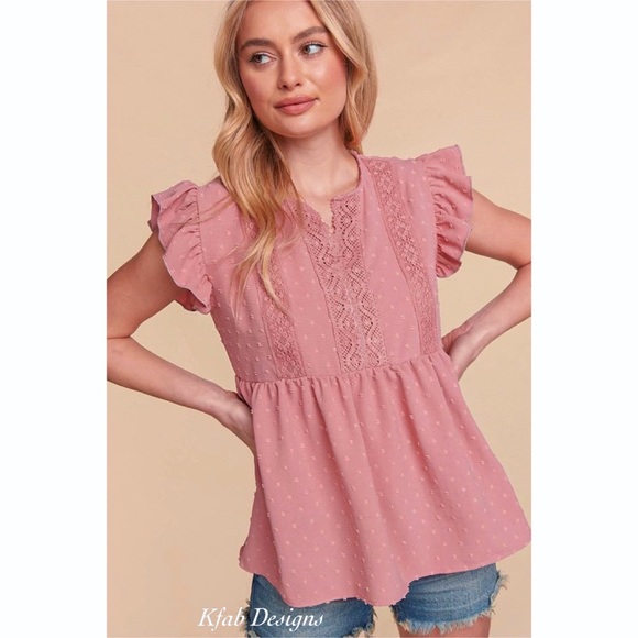 LAST ONE! Crochet/Lace Swiss Dot Cap Ruffle Sleeve Woven Top in Dusty Rose! - Picture 4 of 11